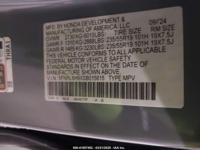 5FNRL6H9XSB015615 Honda Odyssey Elite