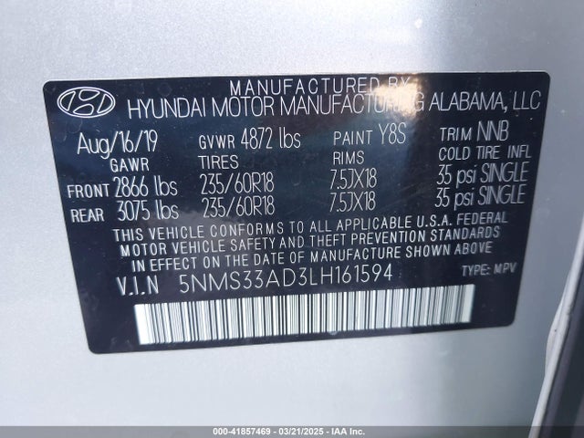 5NMS33AD3LH161594 Hyundai Santa Fe Sel