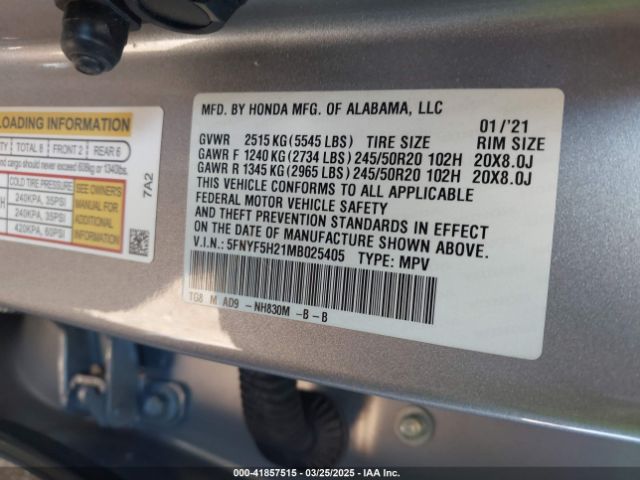 5FNYF5H21MB025405 Honda Pilot 2wd Special Edition