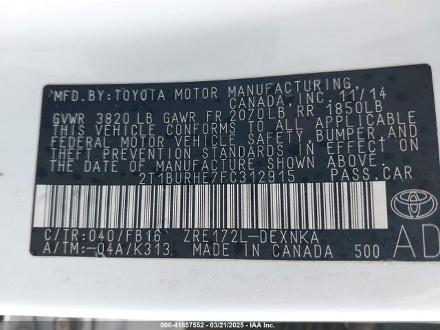 41857552 :رقم المزاد ، 2T1BURHE7FC312915 vin ، 2015 Toyota Corolla Le Plus مزاد بيع
