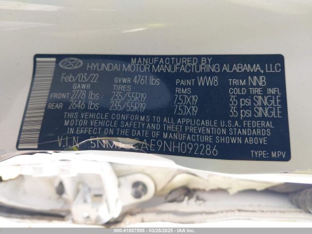 5NMJCCAE9NH092286 Hyundai TUCSON SEL