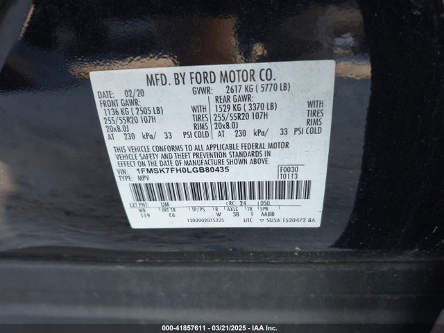1FMSK7FH0LGB80435 Ford Explorer Limited