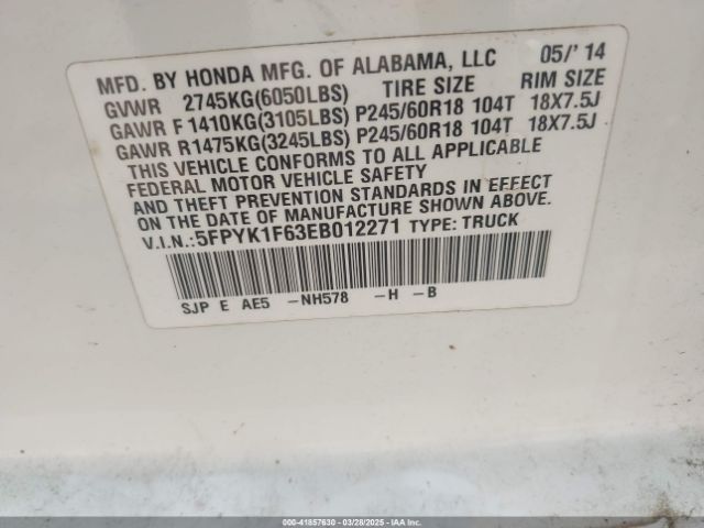 5FPYK1F63EB012271 Honda Ridgeline Se
