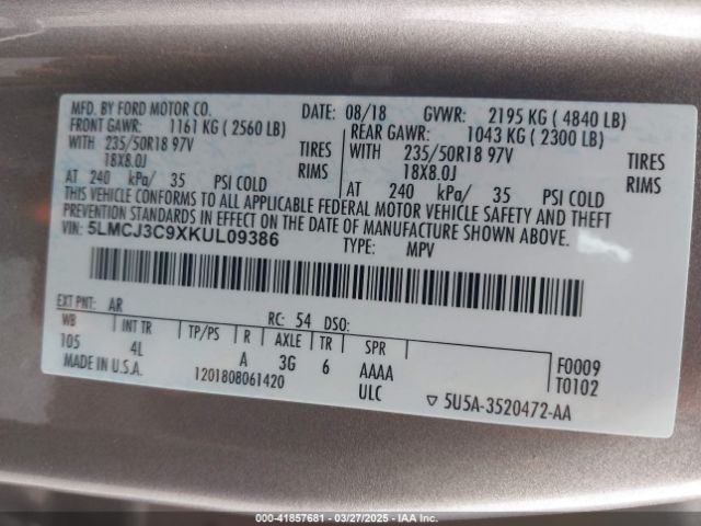 5LMCJ3C9XKUL09386 Lincoln Mkc Reserve