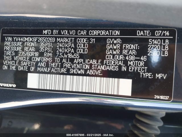 YV440MDK6F2650269 Volvo Xc60 T5 Premier