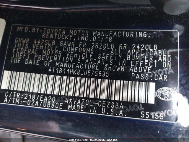 4T1B11HK8JU575695 Toyota CAMRY SE