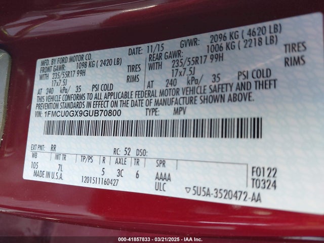 1FMCU0GX9GUB70800 Ford ESCAPE SE