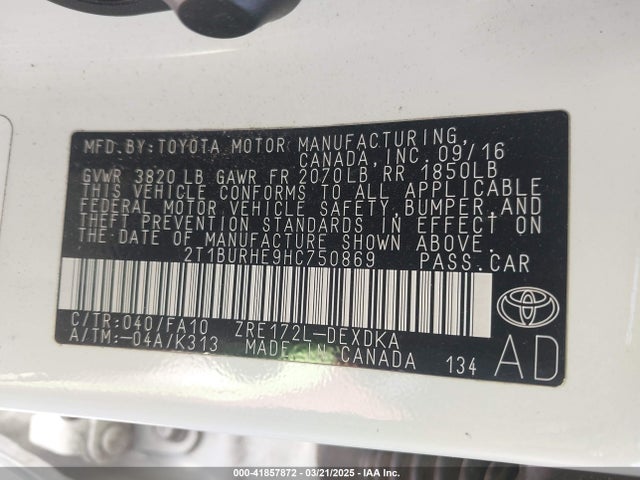 2T1BURHE9HC750869 Toyota COROLLA L