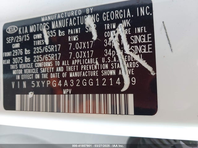 5XYPG4A32GG121479 KIA Sorento 2.4l Lx