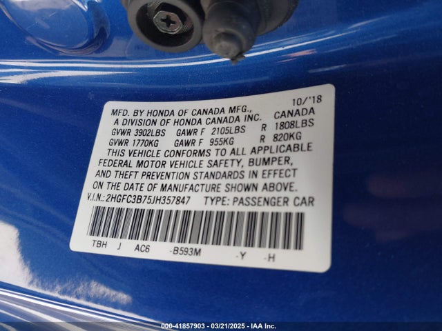 2HGFC3B75JH357847 Honda Civic Ex-l