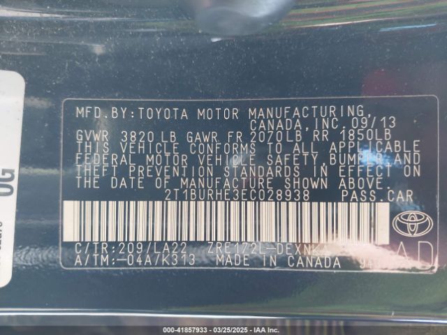 2T1BURHE3EC028938 Toyota Corolla Le Premium