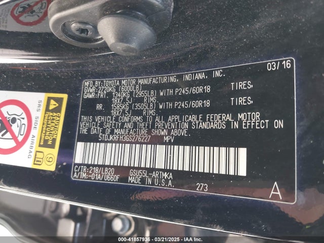 5TDJKRFH3GS276227 Toyota Highlander Xle V6
