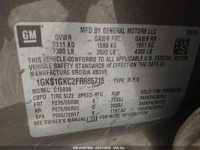 1GKS1GKC2FR685715 GMC Yukon Xl 1500 Sle