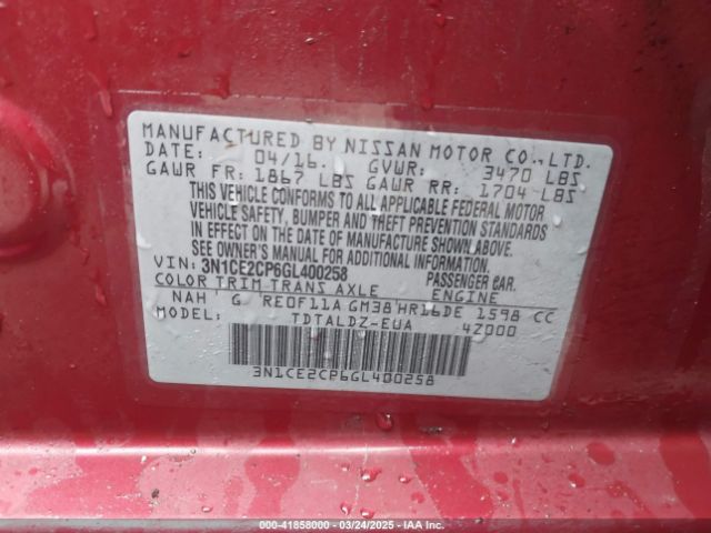 3N1CE2CP6GL400258 Nissan Versa Note Sv