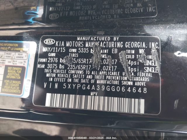 5XYPG4A39GG064648 KIA Sorento 2.4l Lx