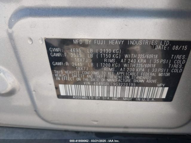 4S4BSBLC9G3220195 Subaru Outback 2.5i Limited