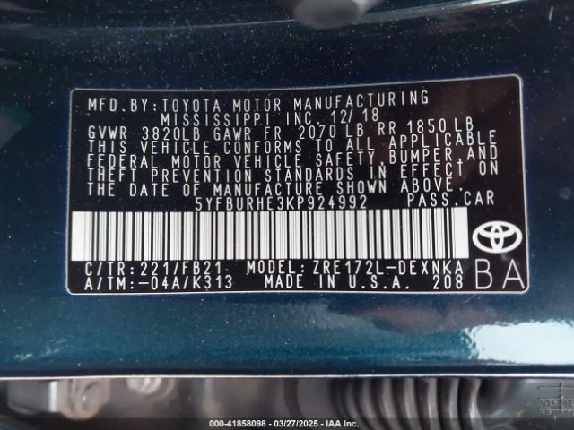 5YFBURHE3KP924992 Toyota COROLLA LE