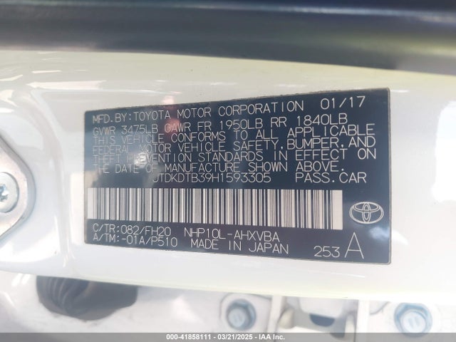 JTDKDTB39H1593305 Toyota 1nz-fxe+1lm