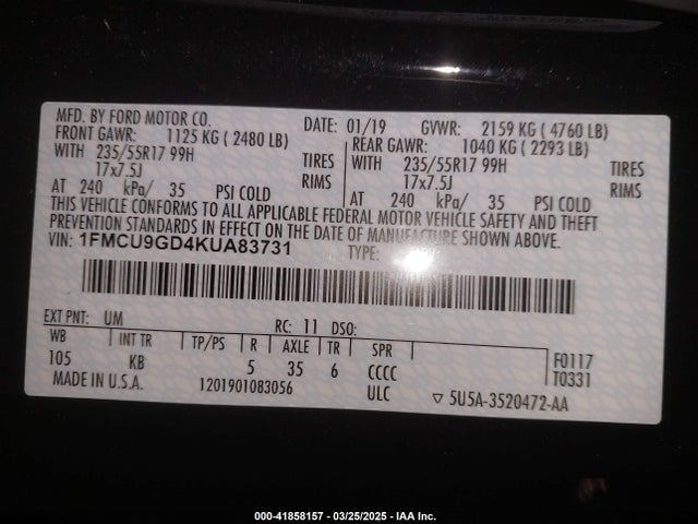 1FMCU9GD4KUA83731 Ford ESCAPE SE