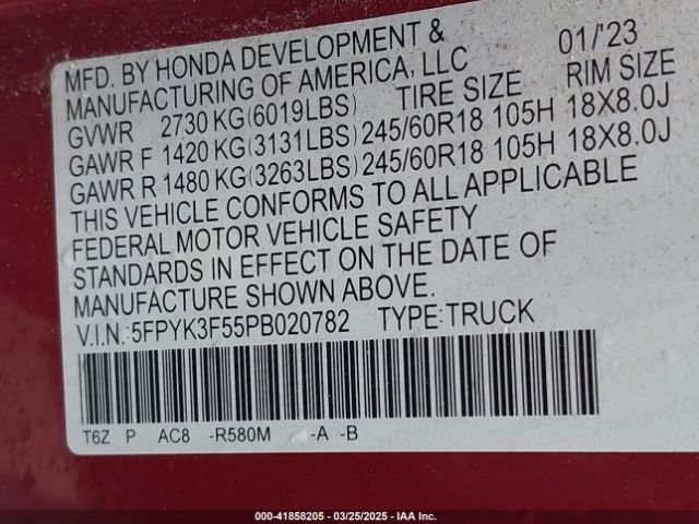 5FPYK3F55PB020782 Honda Ridgeline Rtl