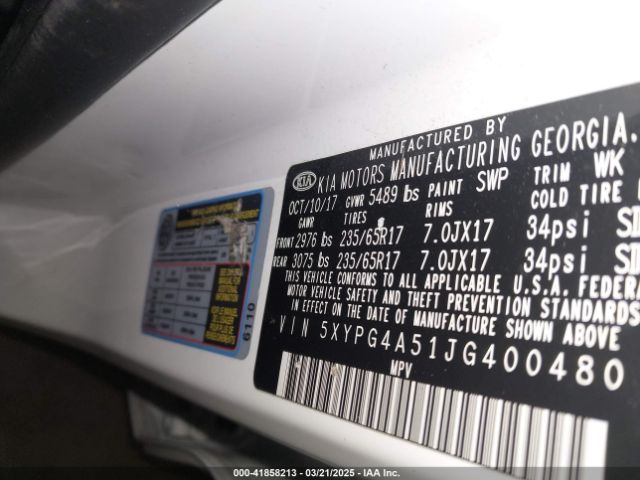 5XYPG4A51JG400480 KIA Sorento 3.3l Lx