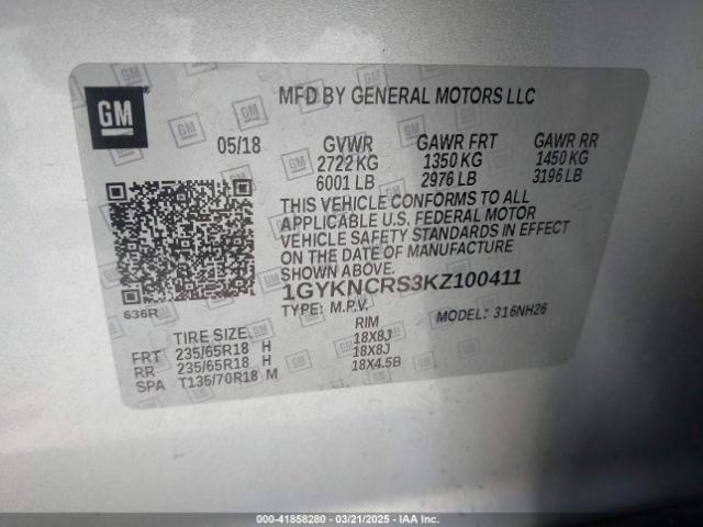 1GYKNCRS3KZ100411 Cadillac XT5 LUXURY