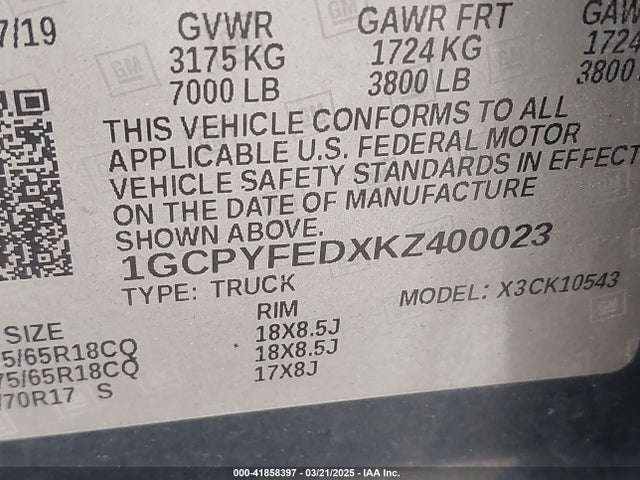 1GCPYFEDXKZ400023 Chevrolet Silverado 1500 Lt Trail Boss