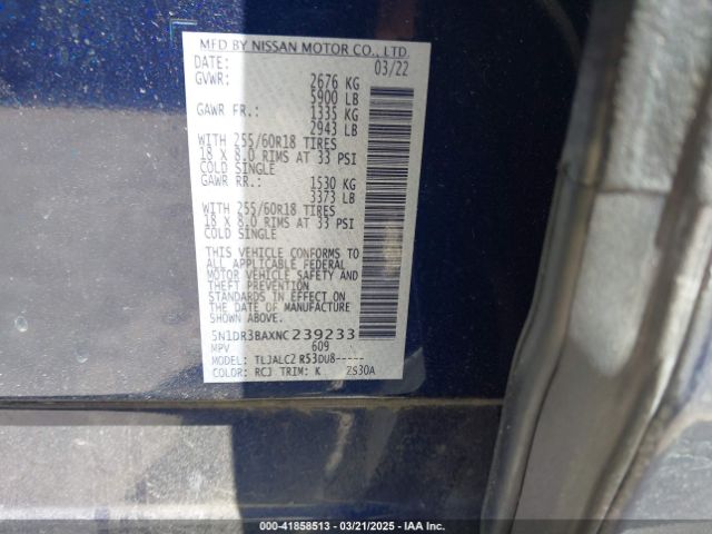 5N1DR3BAXNC239233 Nissan Pathfinder Sv 2wd