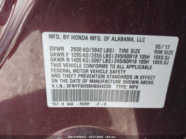 5FNYF6H59HB044239 Honda Pilot Ex-l