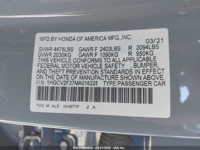 1HGCV2F37MA016225 Honda Accord Sport 2.0t