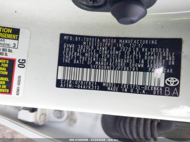 5YFBURHE2JP786781 Toyota COROLLA LE