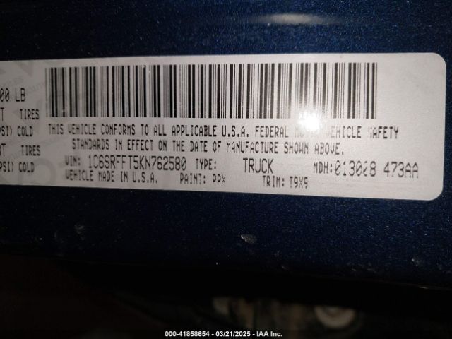 1C6SRFFT5KN762580 RAM 1500 Big Horn/lone Star  4x4 5'7 Box