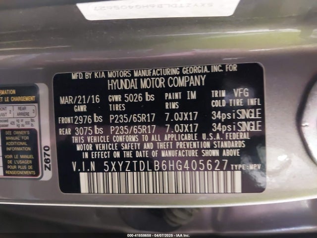 5XYZTDLB6HG405627 Hyundai Santa Fe Sport 2.4l