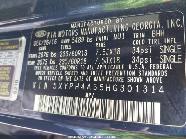 5XYPH4A55HG301314 KIA Sorento 3.3l Ex