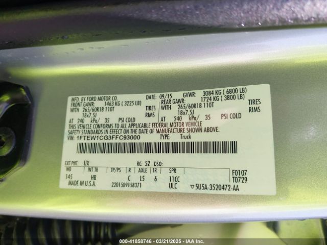 1FTEW1CG3FFC93000 Ford F-150 Lariat