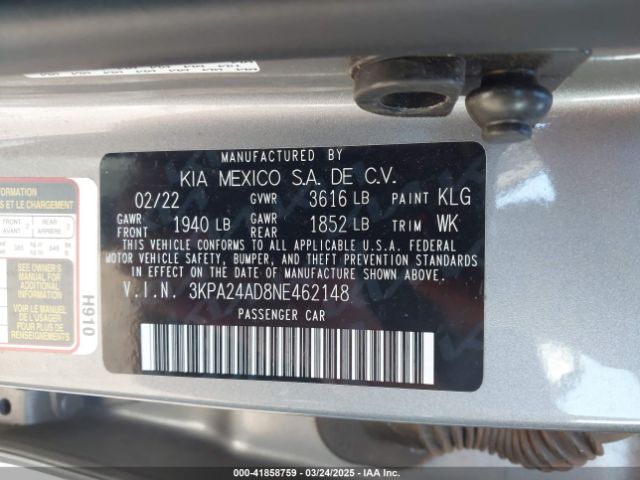 3KPA24AD8NE462148 KIA RIO S