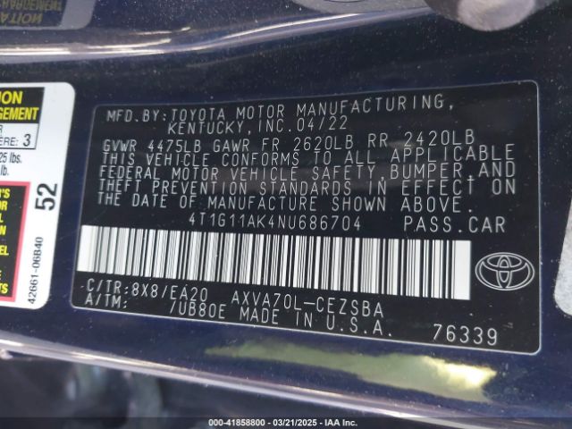 4T1G11AK4NU686704 Toyota CAMRY SE