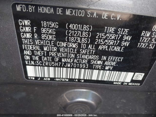 3CZRU5H77JM701993 Honda Hr-v Ex-l