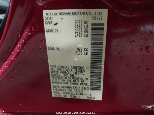 1N4BL4EW8NN392360 Nissan Altima Sl Intelligent Awd