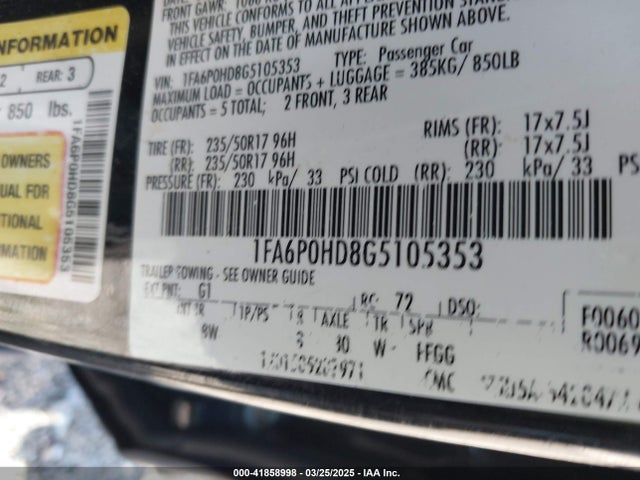 1FA6P0HD8G5105353 Ford FUSION SE