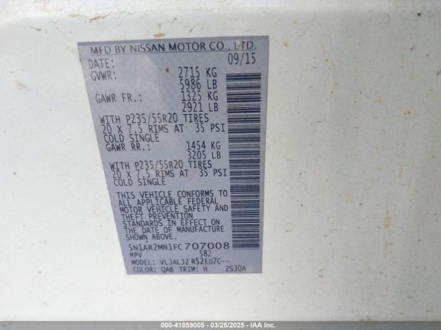 5N1AR2MN1FC707008 Nissan Pathfinder Platinum
