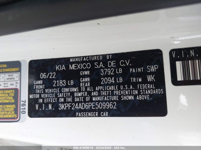 3KPF24AD6PE509962 KIA Forte Lxs