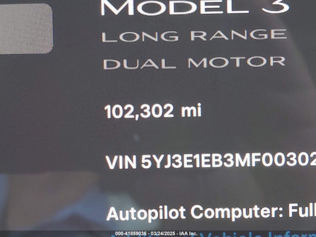 5YJ3E1EB3MF003027 Tesla Model 3 Long Range Dual Motor All-wheel Drive
