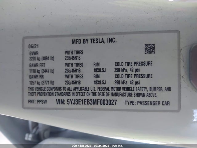 5YJ3E1EB3MF003027 Tesla Model 3 Long Range Dual Motor All-wheel Drive