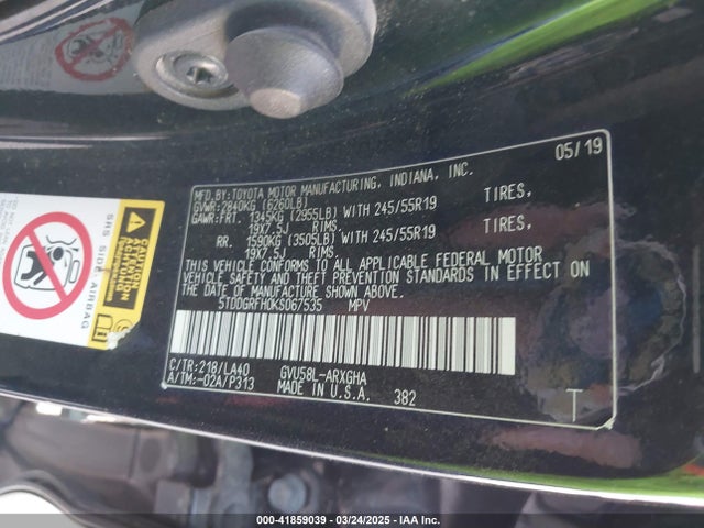 5TDDGRFH0KS067535 Toyota Highlander Hybrid Limited