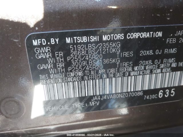 JA4J4VA80NZ070086 Mitsubishi Outlander Sel 2.5 S-awc/sel Launch Edition S-awc/sel Special Edition S-awc