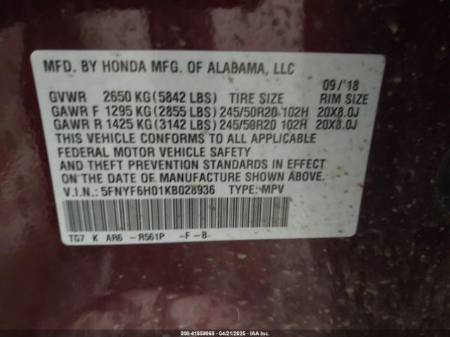 5FNYF6H01KB028936 Honda Pilot Elite