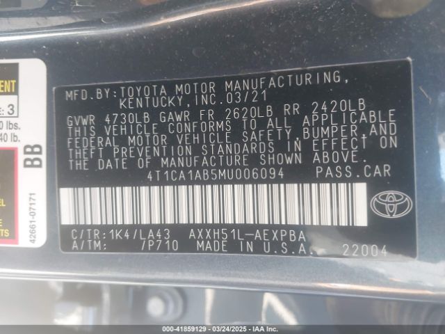 4T1CA1AB5MU006094 Toyota Avalon Limited Hybrid
