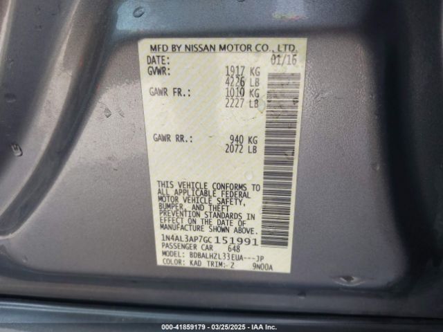 1N4AL3AP7GC151991 Nissan Altima 2.5/2.5 S/2.5 Sl/2.5 Sr/2.5 Sv