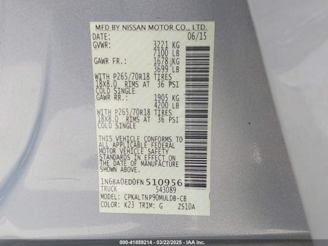 1N6BA0ED0FN510956 Nissan TITAN SV